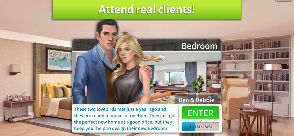 Ein Paar namens Ben und Debbie bittet im Home Designer-Spielinterface um ein Schlafzimmer-Design-Makeover.