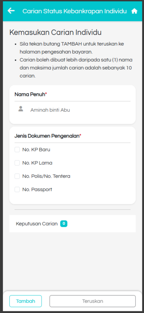 e-Insolvensi - Individual bankruptcy status search screen in the e-Insolvensi mobile app