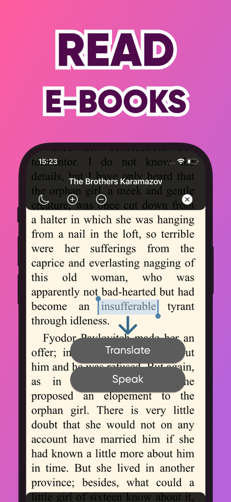 Interfaccia dell'app Librivox per la lettura di e-book con opzioni di traduzione e voce per gli studenti di lingue