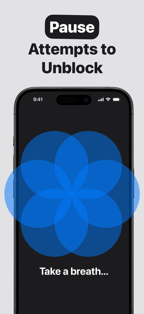 Refocus app screen showing a pause feature to prevent impulsive unblocking with a calming geometric graphic and the text Take a breath.