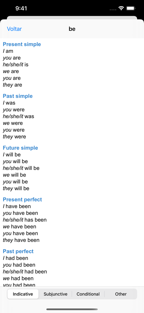 Dicionário Michaelis Inglês - Conjugation table for the verb be in the Michaelis English dictionary app