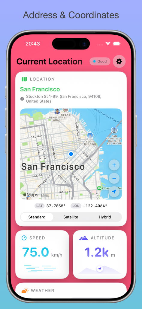 A dashboard from the Current Location Data app showing real time GPS coordinates speed and altitude