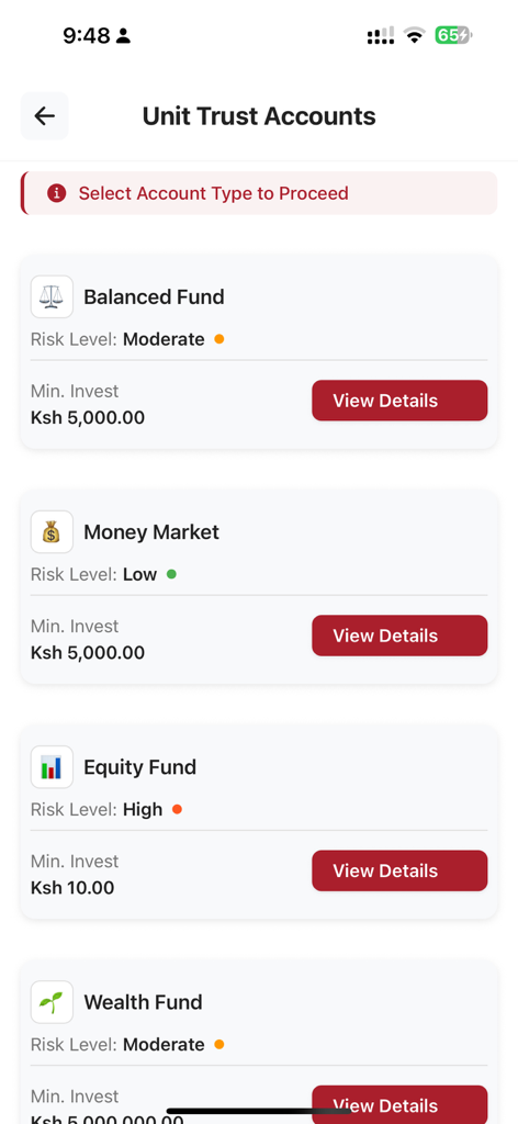 The CIC PLUS app showing unit trust account options for balanced money market and equity funds