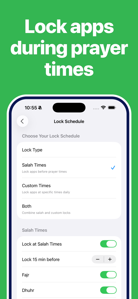 prayer lock: muslim focus - Oberfläche der Gebets-Sperre-App, die Einstellungen zur Sperrung von Apps während islamischer Gebetszeiten zeigt