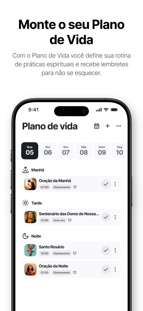 Mobile app interface showing a Catholic spiritual life plan with scheduled daily prayers