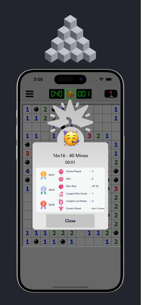 ■ Minesweeper - A win screen in the Minesweeper app showing game statistics like win rate and streak on an iPhone.