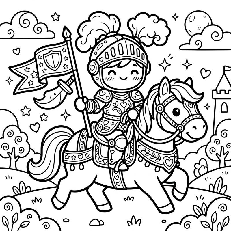 Unleash your creativity with this charming Kawaii Mounted Knight coloring page, ready to embark on a delightful adventure. Featuring a cheerful knight and his trusty steed, this printable promises hours of adorable coloring fun.