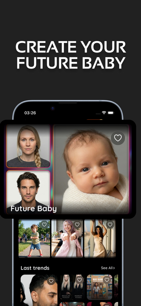 AI Baby Dance Video: shain - Función de generador de bebé futuro IA en la aplicación Shain mostrando fotos de padres y un retrato de bebé generado