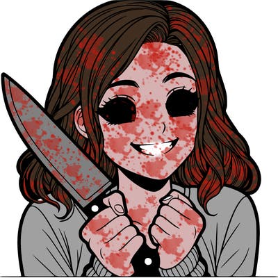 a realistic girl holding a knife and grinning