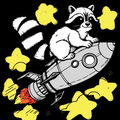 realistic raccoon flying on top rocket ship