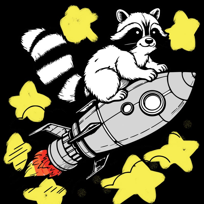 realistic raccoon flying on top rocket ship