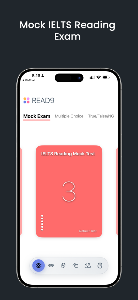 IELTS Band9 – AI Mock Tests - IELTS Band9 app screen showing a reading mock test interface with a card for test selection.