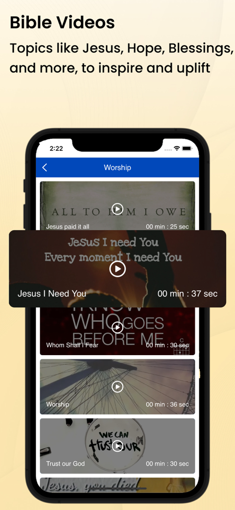 French Bible - La Bible - French Bible app interface showcasing inspirational worship and scripture videos on a smartphone screen