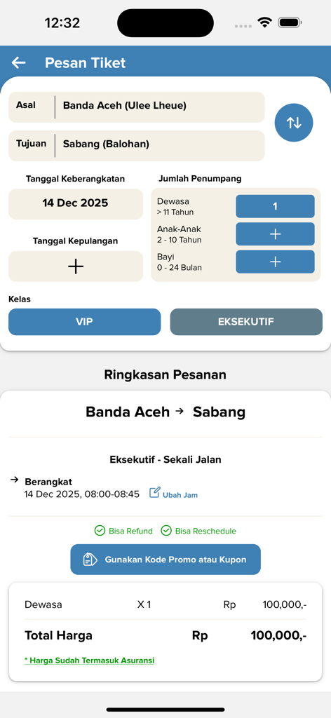 Schermata di prenotazione biglietti traghetto dell'app Express Bahari Mobile che mostra la rotta da Banda Aceh a Sabang e il prezzo totale