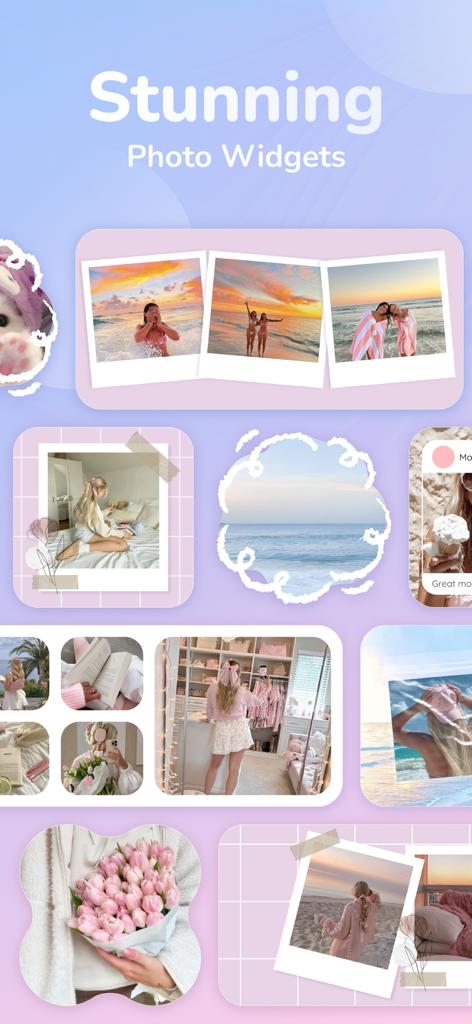Thematic - Top Color Widgets - A showcase of aesthetic photo widgets for iPhone featuring polaroids sunsets and floral themes in pastel colors