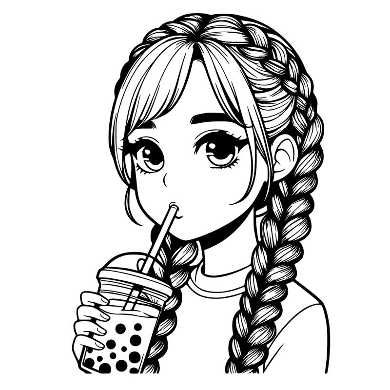 realistic girl with braided hair drinking boba