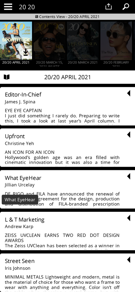 20 20 Magazine - Table of contents view in the 20/20 Magazine app showing the April 2021 issue articles and past magazine covers.