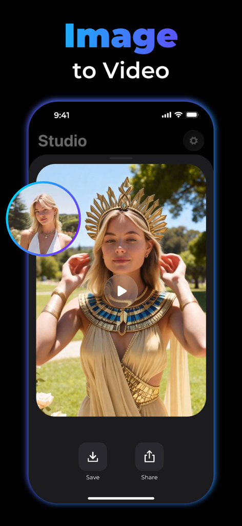 AI Video Generator, AI Filmix - AI Filmix app interface demonstrating the image to video feature transforming a portrait into an Egyptian style character