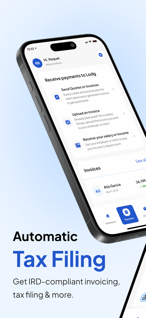 Lodg NZ - Lodg NZ mobile app screen showing automatic tax filing and IRD compliant invoicing features