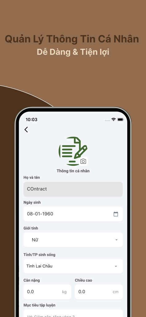 La Bella - User profile management screen in the La Bella Pilates app with fields for personal information and fitness metrics