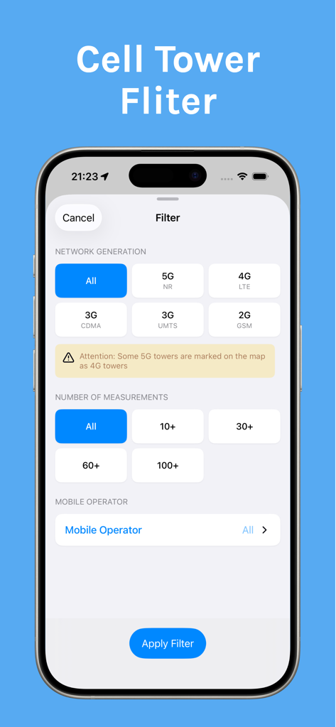 SignalSpot: Find Towers Near - Interface of the SignalSpot app showing filter options for network generations like 5G NR and 4G LTE