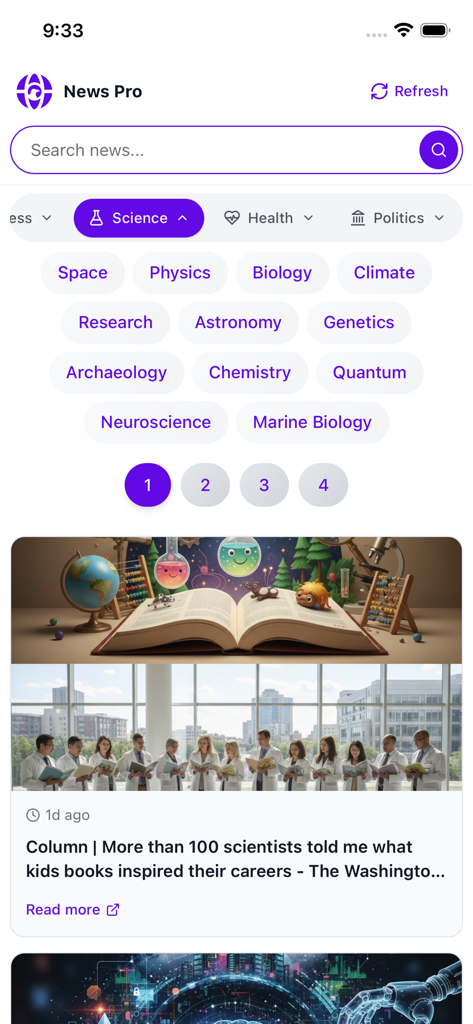 Ai News Pro - The Ai News Pro app displaying science subcategories and a news article about scientists' inspirations.