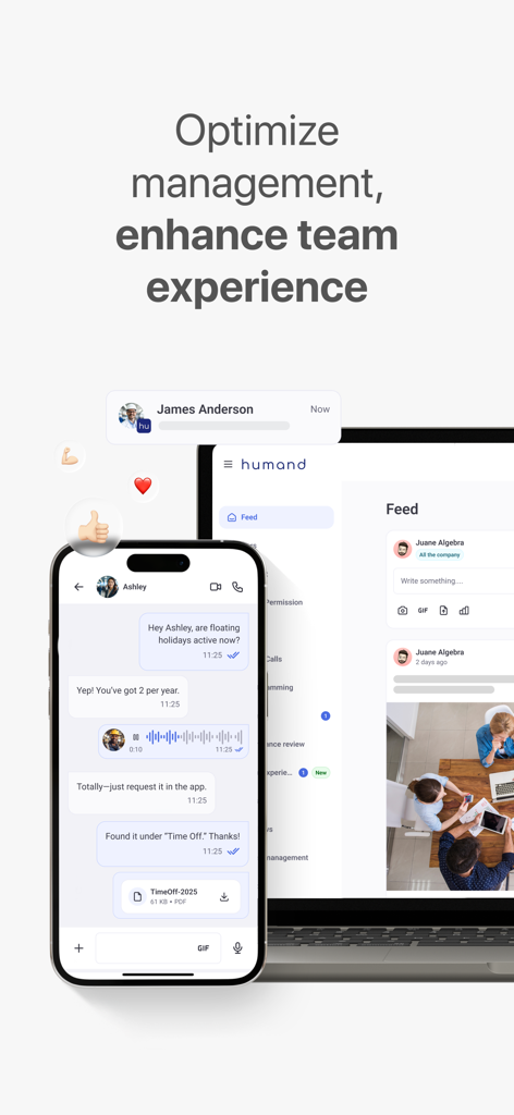 Humand - Humand app display on smartphone and laptop showing team chat and communication feed.