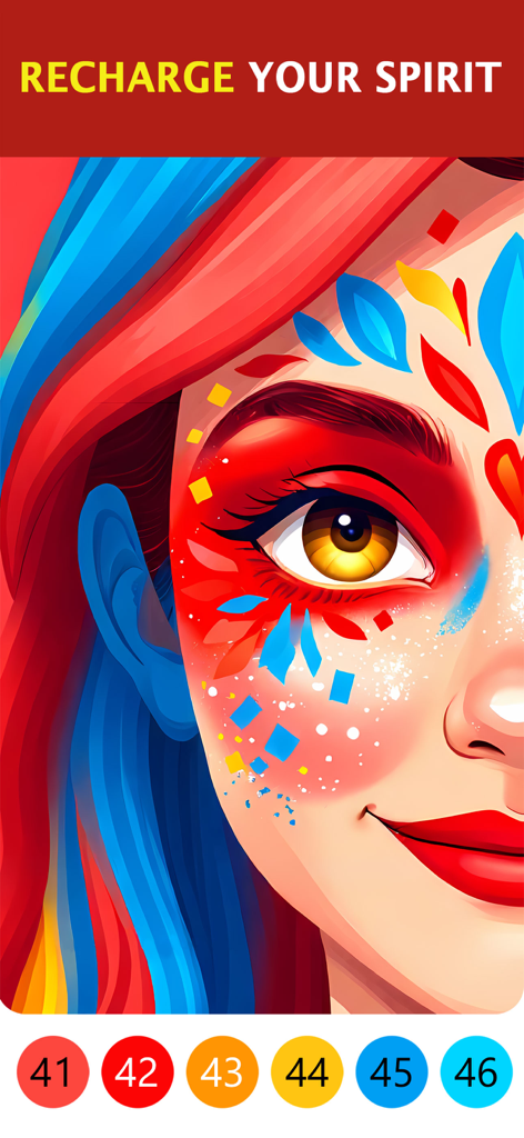 Ilustración vibrante de un rostro en la aplicación de colorear Coloria Bloom con el texto Recarga Tu Espíritu