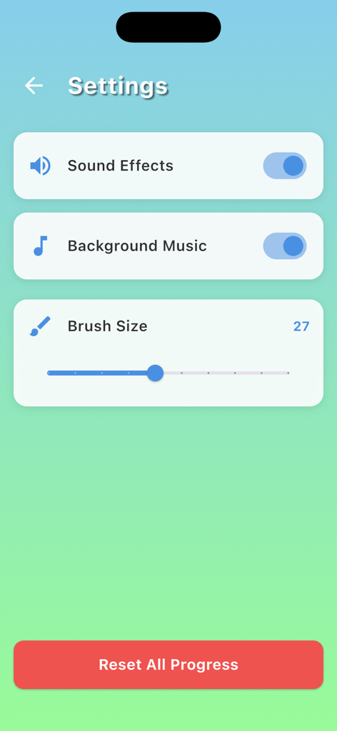 Kids Color Book Draw & Learn - The settings screen of the Kids Color Book app showing toggles for sound effects background music and a brush size slider