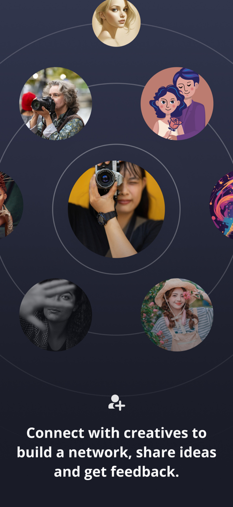 Interface da aplicação Pixabay que mostra uma rede de colaboradores criativos e a opção de ligar e partilhar ideias