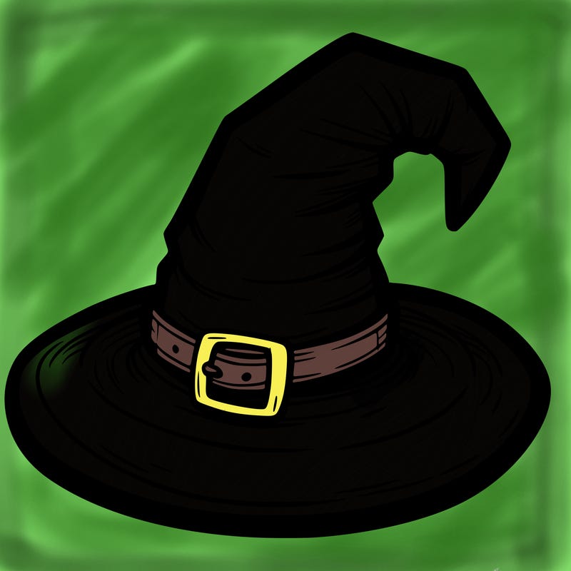 a witch’s hat with a wide brim and a buckle, set against a simple background.