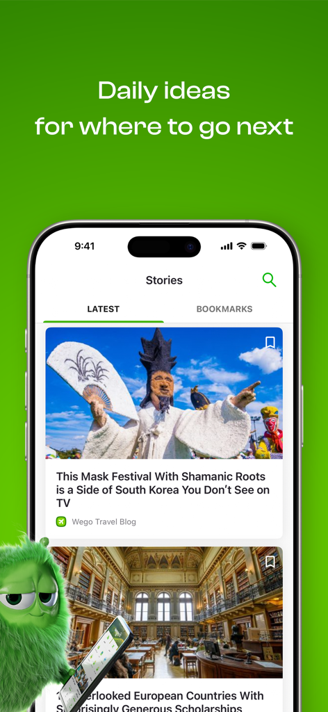 Wego Flights & Hotels Booking - Interface do aplicativo Wego mostrando histórias de viagens e ideias diárias de destinos para viajantes.