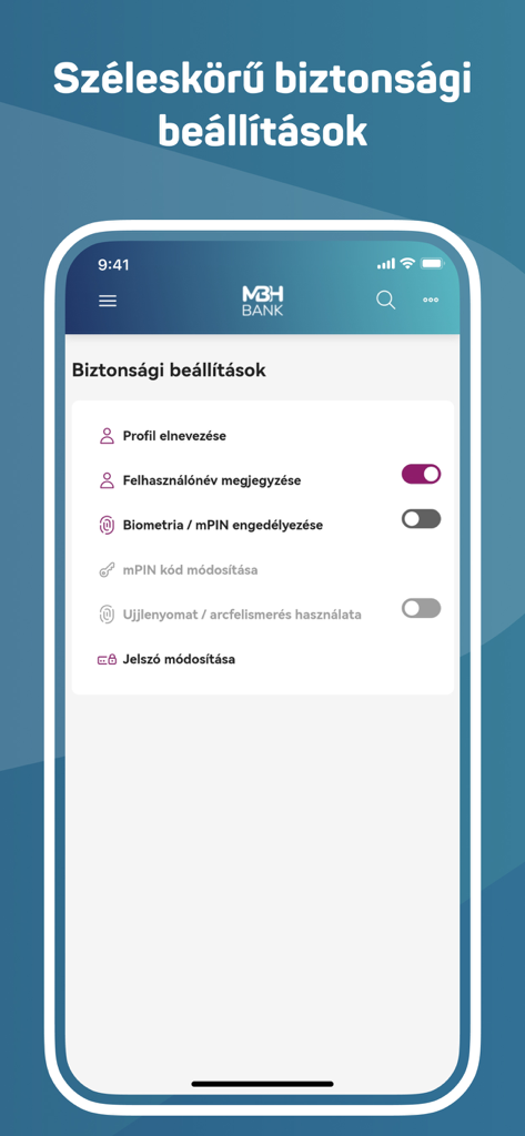 Interfaz de configuración de seguridad de MBH Vallalati App con opciones de configuración biométrica e de inicio de sesión.