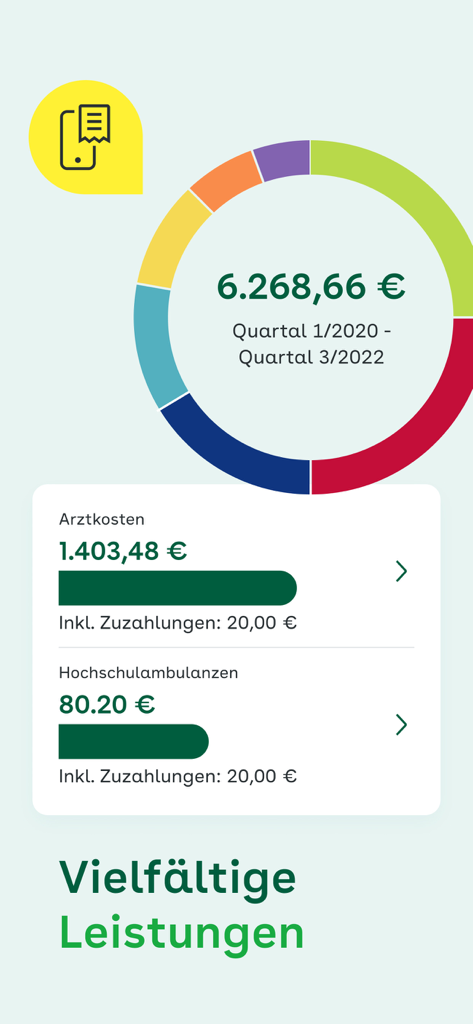 Meine AOK - Un gráfico circular y un desglose de costos de servicios médicos y honorarios médicos dentro de la aplicación Meine AOK.