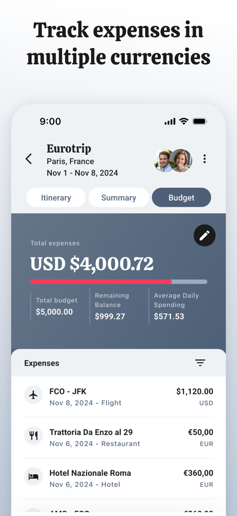 TripZen - Travel Planner - TripZen app interface showing a travel budget and expense list in multiple currencies