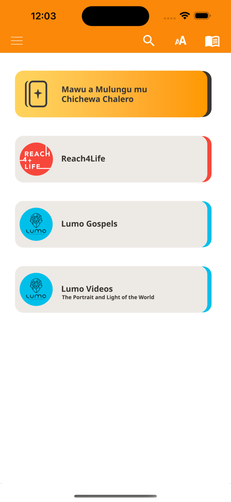 Chichewa Bible - Home screen of the Chichewa Bible app with options for the Bible, Reach4Life, and Lumo Gospels.