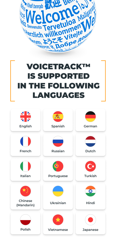 A grid showing the 15 languages supported by PromptSmart plus VoiceTrack technology with their respective national flags.