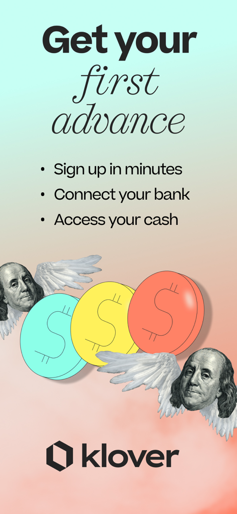 Klover app screen showing three steps to get an instant cash advance