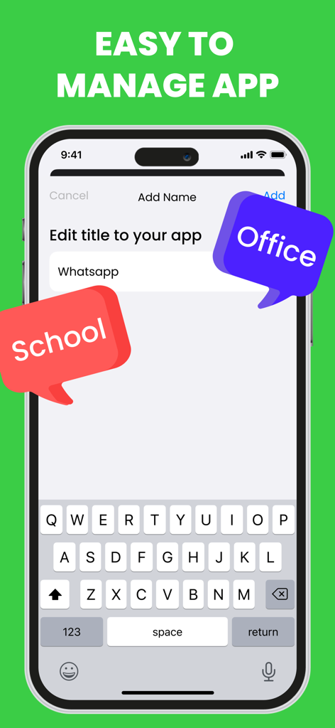 Una interfaz de smartphone mostrando la función de renombrar para una aplicación de WhatsApp clonada con etiquetas de escuela y oficina