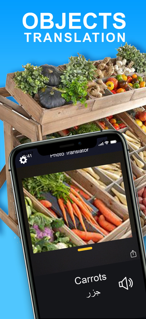 Smartphone app screen showing the objects translation feature identifying carrots and providing an Arabic translation