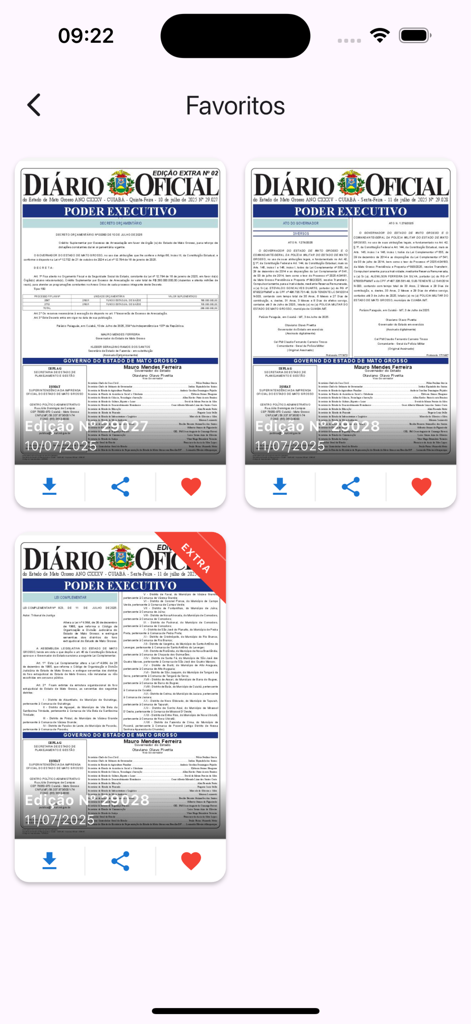 IOMAT - Favorites screen of the IOMAT app showing saved editions of the Mato Grosso Official Gazette.