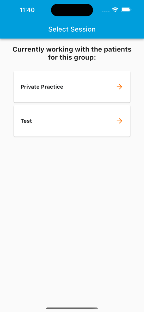 PocketPatientMD - Screen for selecting a session between private practice and test groups in PocketPatientMD.