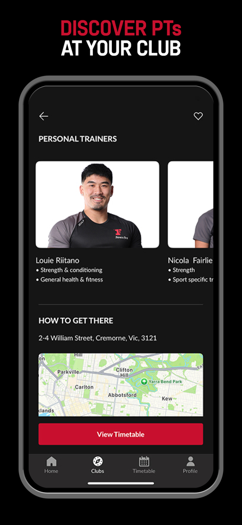 Screenshot of Fitness First app showing personal trainer profiles and a gym location map.