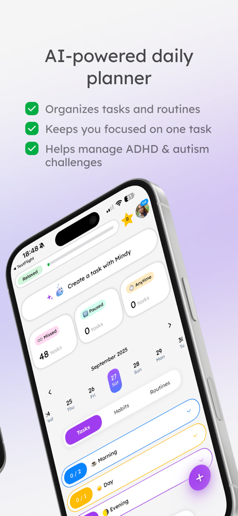 Mindory: AI Planner - Mindory AI-powered daily planner interface featuring task organization and routines for neurodivergent users