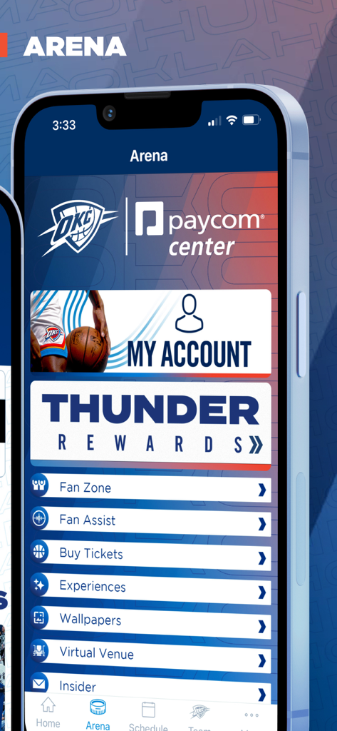 Oklahoma City Thunder mobile app Arena screen featuring rewards and fan services