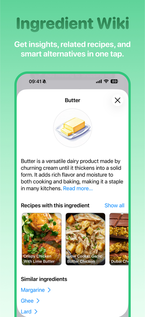Rapp: Recipes & Shopping List - Rapp App Zutat-Wiki-Funktion, die Details und Rezeptvorschläge für Butter anzeigt