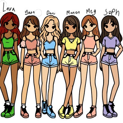 a group of girls wearing crop tops and shorts