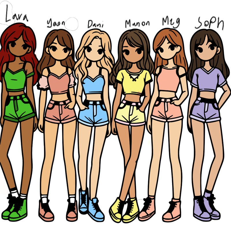 a group of girls wearing crop tops and shorts