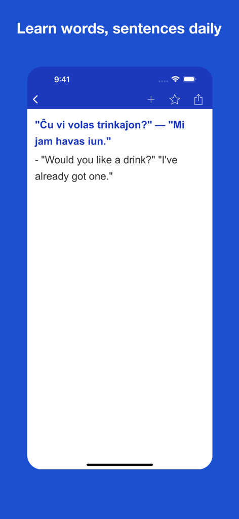Una pantalla que muestra una frase en esperanto con su traducción al inglés en la aplicación del diccionario de idiomas