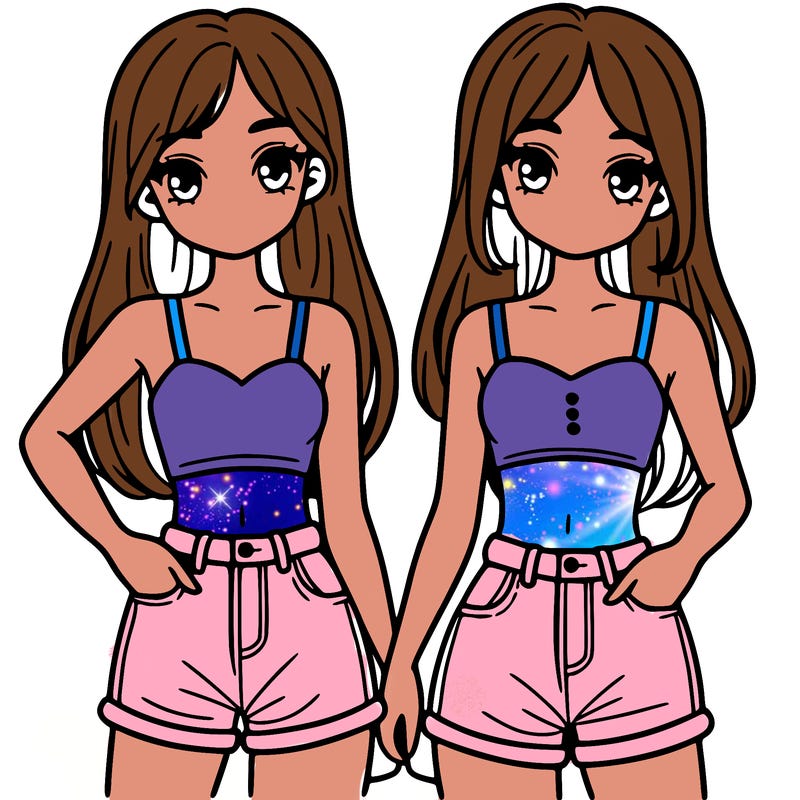 two sisters with crop tops and jean shorts and straight hair